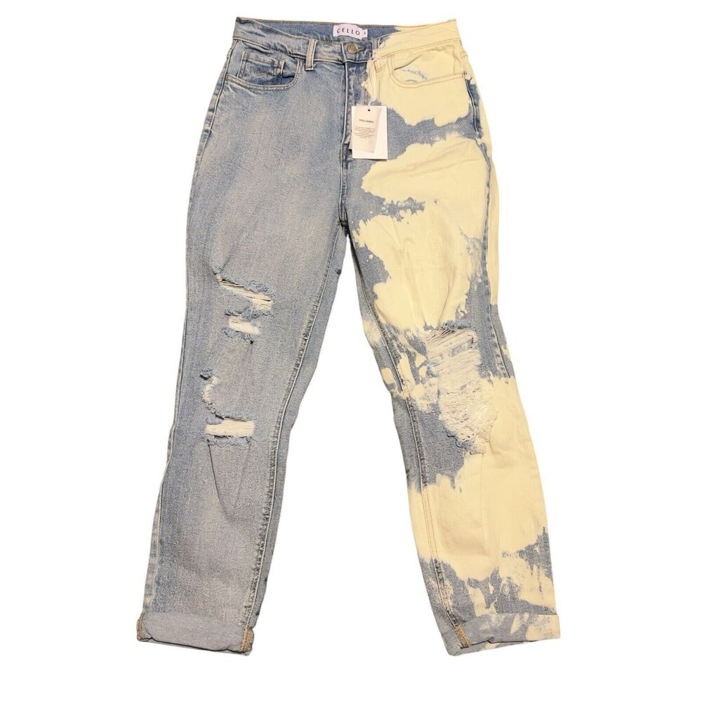 Cello juniors High Rise mom jean splattered tapered cuffed ankles Distressed 9